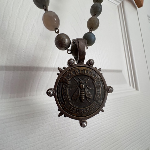 French Kande Beaded Necklace w/ Bee Coin-like Pendant - Picture 2 of 9